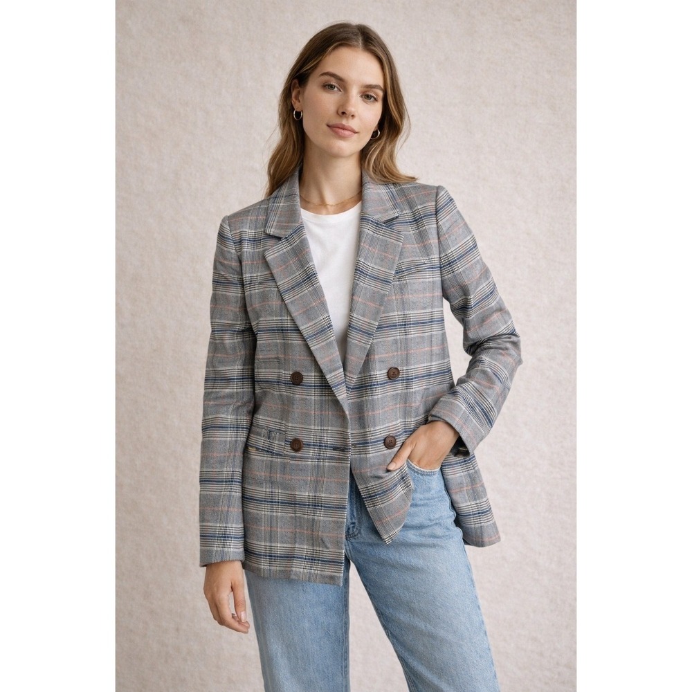 Euro Chic Houndstooth Academia Prep Plaid Tailored Blazer Jacket Women's Sz XS